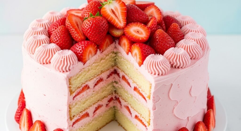 🍓 Torta de Vainilla con Crema de Frutillas: ¡Fresca, Delicada y Enamoradora! 🎂✨ 1 Torta de Vainilla con Crema de Frutillas ¡Fresca Delicada y Enamoradora